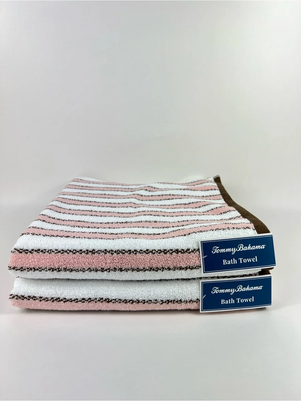 Tommy Bahama Bathroom Towel Set Pink Brown White Ticking Stripe Cotton 2 Pc NEW